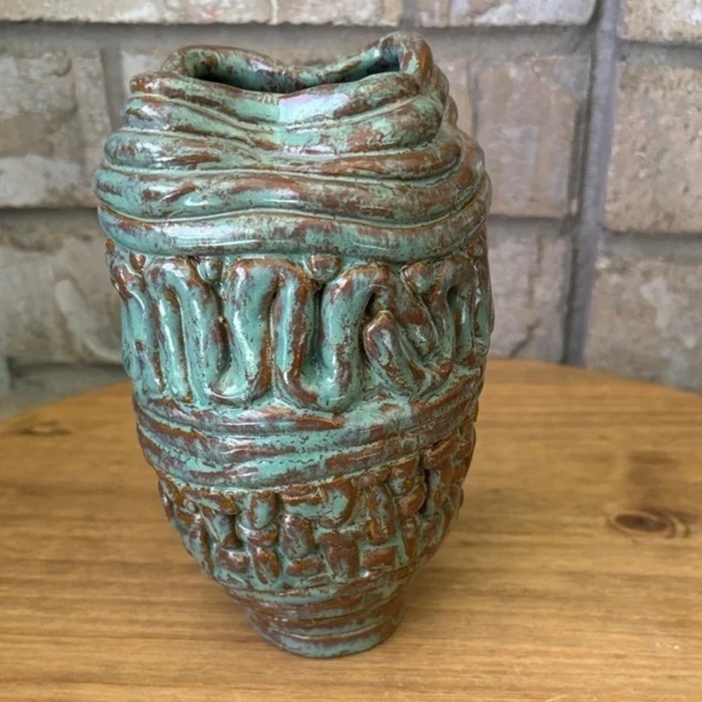 Freeform Coil Pottery Vase Ceramic Artist Handmade Vessel Modern Sea Green‎ 7in